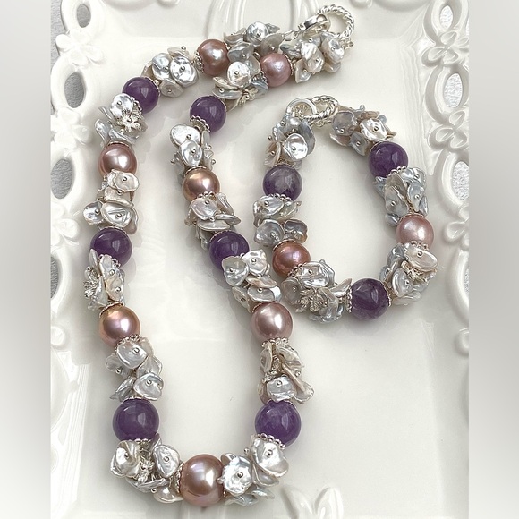GP55-High Quality Keshi Pearl Edison Pearl And Amethyst Necklace Bracelet Set